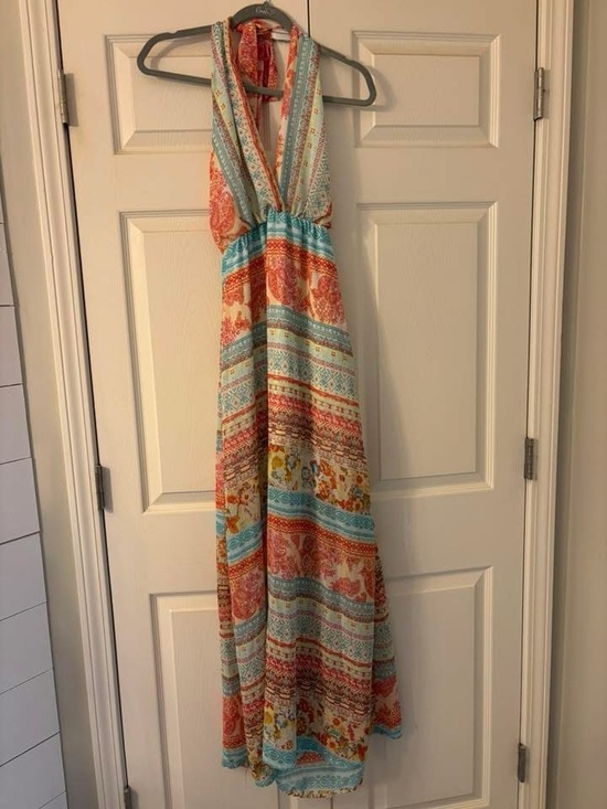 Dresses & Skirts - Boho Halter Maxi Dress in Coral & Aqua